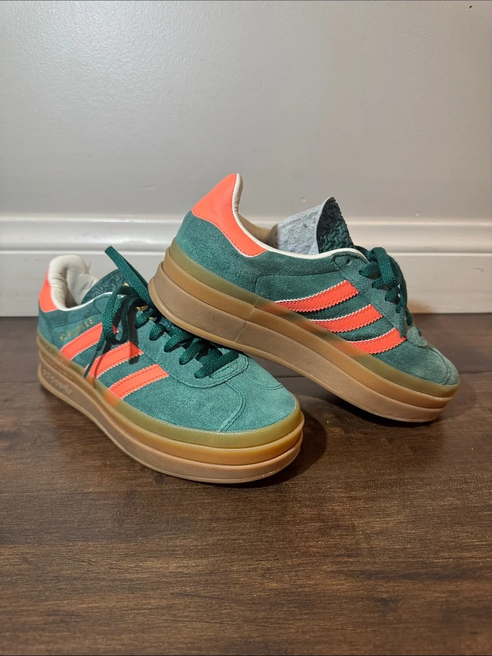 adidas Kids Green Suede Sneakers with Coral Stripes and Gum Sole